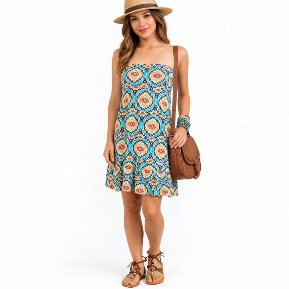 CHA CHA VENTE‎ Sz Small Petite Smocked Strapless Ruffled Asymmetrical Mini Dress